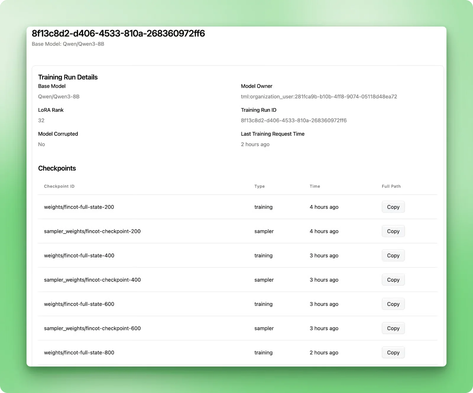 Tinker checkpoint management interface showing saved checkpoints in both formats